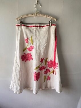 Vintage Richard Malcolm Linen Midi Skirt Floral Embroidery SZ 8 Boho Coastal